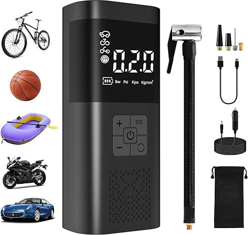 Mini Compressore Aria Portatile Auto, 6000mAh 150PSI Compressore Portatile Gonfiatore Bici Elettrico con Sensore Pressione, Schermo LCD Digitale e Luce LED, 4 Modalità per Auto, Moto, Bicicletta