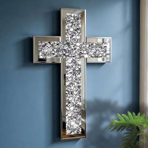 GIMORRTO Cross Wall and Table Decor, Glass Mirrored Surface, Modern Style, Religious Theme, Silver, 19.7 x 12.2 Inches, Indoor (wall 20 new)