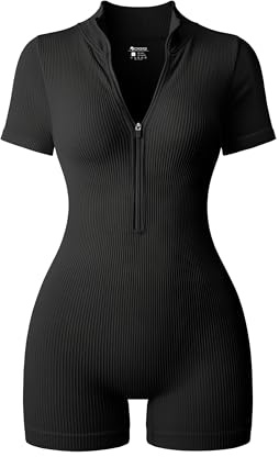 OQQ Women Rompers Ribbed Short Sleeve Zip Front Stretch Tummy Control Yoga Workout Rompers Black