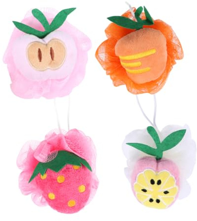 Esponja de Baño Forma de Fruta de Colores, 4 Piezas | Felpa y Nylon, Textura de Malla, Formato Compacto, para Uso Diario Ducha