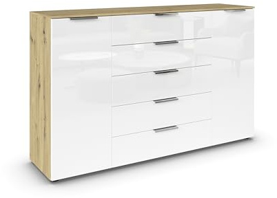 Rauch Möbel Flipp, Kommode, Farbe Glas Weiß/Eiche Artisan, Breite 160 cm | Sideboard, 2-türig, 5 Schubladen, Glasfront, Soft-Close-Funktion, für Schlafzimmer, Gästezimmer, Wohnzimmer, Garderobe, Flur