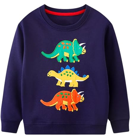 Baogaier Sweatshirt pojke dinosaurie marinblå tryck pullover långärmad rund hals tröja vår höst vinter sportkläder ledig träningsoverall tröja jacka för barn 2–7 år, Marinblå, 4-5 ans