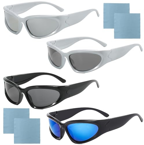 VEGCOO 4 Pcs Wrap Around Sports Sunglasses, UV400 Shades Outdoor Sport Sunglasses, Y2K Stylish Polarised Oval Sunglass for Men Women Driving Running Cycling Fishing Golf