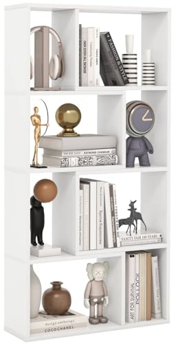 SFAREST 5-Tier Bookshelf, 120cm Tall Geometric Bookcase with with 8 cubes & Anti-Toppling Device, Freestanding Wooden Shelving unit For Bedroom Living Room Home Office (White)