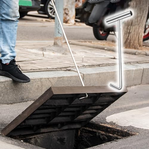 Llaves de elevación de boca de acero inoxidable – Gancho de boca con mango en T para levantar cubiertas de alcantarillado/cubierta de drenaje de tormenta, extractor versátil de cubierta de
