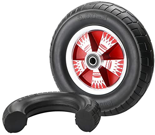 RUHEN Pneus de brouette 3.50-4/3.00-8 Pneus de Rechange en Caoutchouc Plein Trous de Montage de 0,79 Double roulement à Billes - Roues Rouges/Alliage Capacité de 661 LB - Pneus Anti-crevaison
