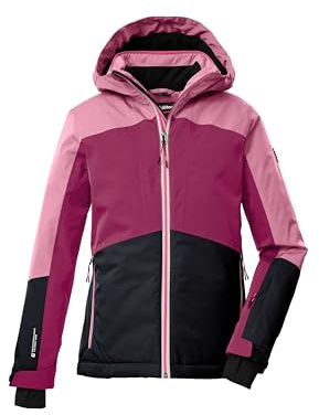 killtec Skidjacka för flickor, funktionell jacka med huva och snöfall KSW 196 GRLS SKI JCKT, mörk hallon/svart blå/ljus hallon, 128, 43486-000