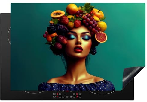 KitchenYeah© Induction Hob Protector Mat 20.5x31.5 / 80.2x52.2 cm Cooker Top Protectors Cover Ceramic Covers Electric Hobs Vinyl Woman - Headdress - Tropical - Fruit - Grapes