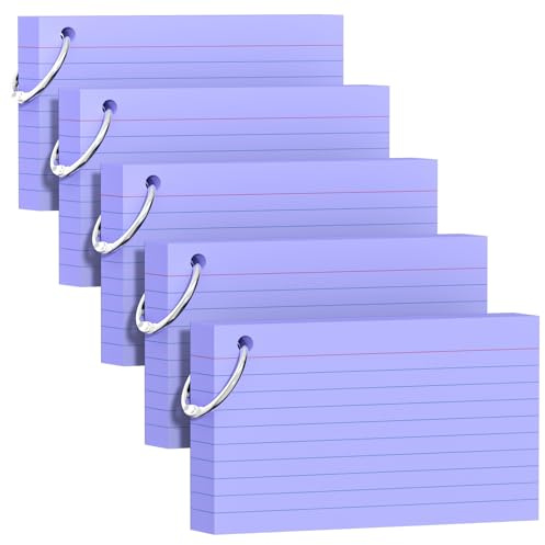 250 Count Purple Index Cards 3x5 Inch with Key Ring, Color Flash Index Card (50 Sheets Each), Durable & Portable Note Taking for Students, Teachers, Study Note Cards for Office Home School