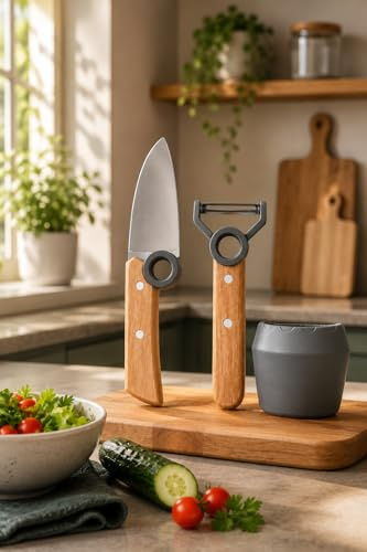 Market Stylez Kinder Kochmesser Set - 3 teilig - Kochmesser - Fingerschutz - Sparschäler - rostfrei Rot Grau