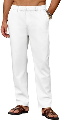 COOFANDY Pantalones Lino Hombre Pantalones Largos de Verano Ligeros con Bolsillos Cintura Elástica Cordón Blanco XL