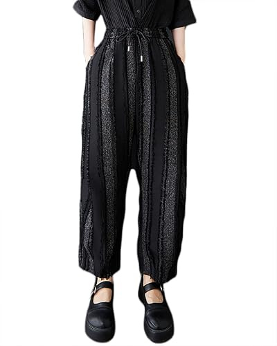 ellazhu Damenhose Weite Beine Tasche Hohe Taille Haremhose Patchwork Gestreift GZ472 Schwarz
