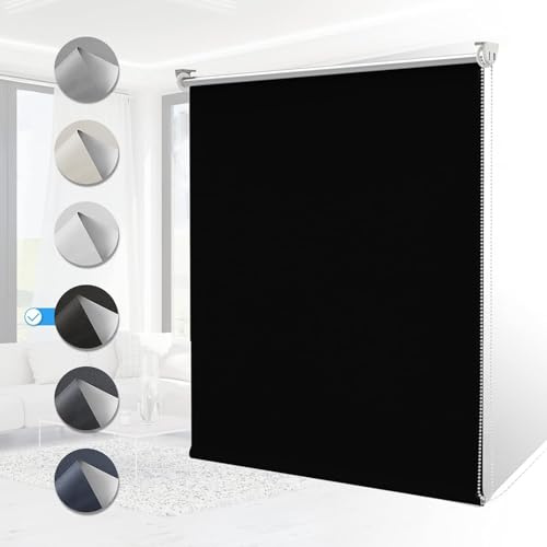 Verdunklungsrollo Klemmfix ohne Bohren Rollos für Fenster Innen B70 x H120 cm Schwarz Thermorollo Klemmrollo Seitenzugrollo Sicht-und Sonnenschutz Wandmontage