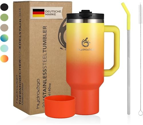 hydro2go Tazza Termica Con Cannuccia, Bicchiere Termico, 1200 ml, Sunset | Tazza Da Caffè To Go, Tazza Isolante Con Manico, Per Bevande Calde E Fredde, 40 oz, Da Viaggio E Auto, Sunset