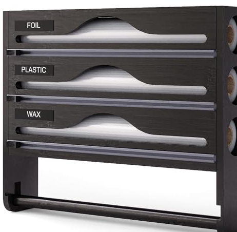 3 in 1 Foil Dispenser and Cutter, Foil Cutters Bamboo Film Organiser Storage, Compatible with 13.5 or Lower Roll, for Kitchen Cling Film Tin Foil Parchment Paper