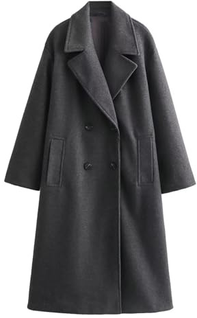 FM2018XSL Women's Double Breasted Coat Notched Lapel Collar Winter Pea Coats Overcoat Long Jackets