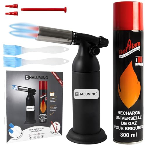 Chalumeau de Cuisine | Kit Complet Chalumeau professionnel + Bouteille de Gaz 300ml+2 Pinceaux Inclus, 2 Sorties de Flamme Rechargeable en gaz Butane Belflam pour Crème Brûlée, Pâtisserie et Barbecue