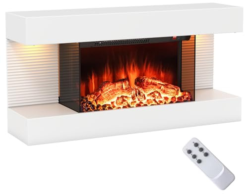 RELAX4LIFE Elektrokamin mit heizung & LED-Ambientelicht, 32 schwebender Kamin mit 3D-Flammeneffekt, Deko Wandkamin mit Fernbedienung, Standkamin 750W/1500W, 12 Flammenfarben, 8H-Timer, 17℃-28℃, Weiß