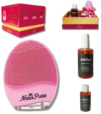 Narapure® Aura – Limpiador Facial Eléctrico de Silicona con 2 Geles Limpiadores - Cepillo de Limpieza Facial Recargable, Impermeable y Suave para Todo Tipo de Piel con Bolsa de Seda (Peonía)