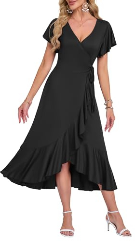 AUSELILY Summer Dresses for Women UK Midi Wrap Beach Casual V-Neck Short Sleeve Slit Ruffle Dress for Cocktail Wedding Guest Black