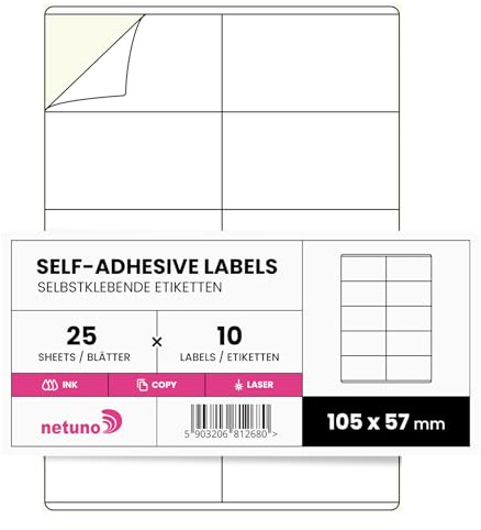 Netuno 25 Blatt A4 Etiketten selbstklebend 10,5 x 5,7 cm (10 Stück pro Blatt) Etiketten Matt Weiß Druckeretiketten Adressetiketten Versandetiketten Haushaltsetiketten universell bedruckbar Laser Tinte