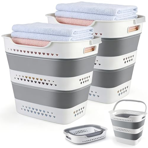 Collapsible Laundry Baskets Foldable Pop Up Laundry Hamper Plastic with Comfort Handles Folding Laundry Basket Space Saving Portable Dirty Clothes Hamper Storage Container/Organizer (Grey, 2 Packs)