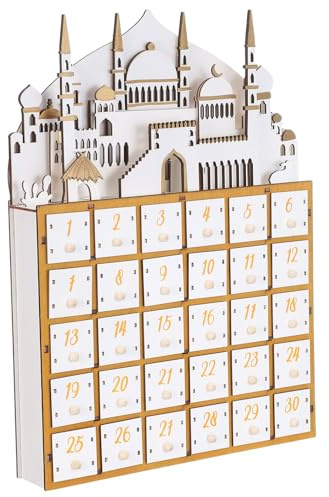 VALICLUD Calendrier de L'avent Musulman en Bois avec Lumière LED, 30 Tiroirs, Organisateur de Table pour Ramadan, Décoration Festive pour Maison et Bureau, Petit Calendrier de Compte