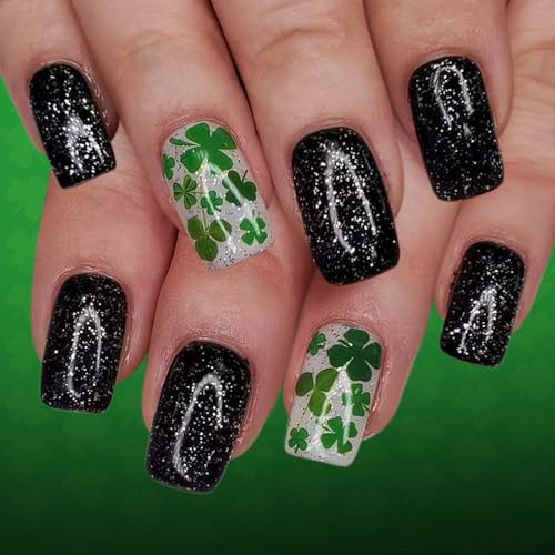 Lot de 24 faux ongles festifs noirs à paillettes sur le thème des trèfles verts améliorés pour les fêtes de beauté et les célébrations