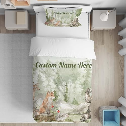 GIFTIMIZED Personalised Woodland Animals Cot Bed Duvet Cover Set with Pillowcase, Custom Name Baby Bedding, Forest Nursery Theme, Fox Bear Hedgehog Toddler Quilt Cover, Infant Bed Linen
