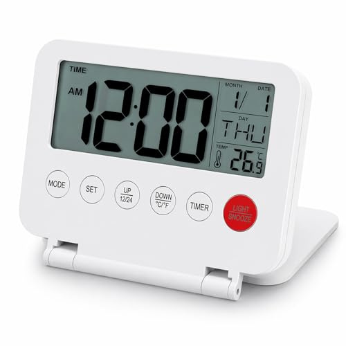 VOSSOT Despertador de Viaje Pequeño Digital Plegable a Pilas - Mini Despertador Digital con Radio Compacto Portátil con Pantalla de Temperatura y Fecha para Viaje Oficina Dormitorio