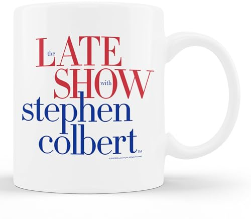 The Late Show Stephen Colbert Red and Blue Word Stack Tea Cup with Handle Mug Novelty Coffee Mug for Everyday Use Cocoa Café 330Ml
