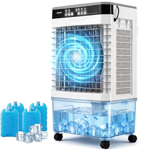 COSTWAY 15L/20L/27L Evaporative Air Cooler, 3-in-1 Oscillating Swamp Cooler/Fan/Humidifier with 3 Speeds, 2 Modes, 4 Ice Packs, 12H Timer, LED Display & Remote Control for Home Office (15L, 1800 CFM)