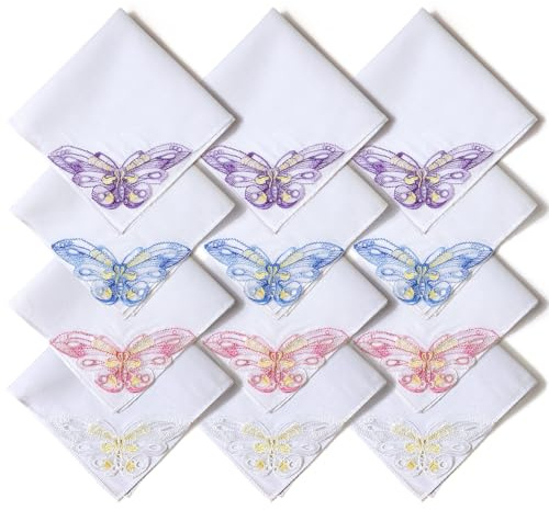 Selected Hanky Butterfly Lace Handkerchiefs for Women，Ladies hankies, 12Pcs