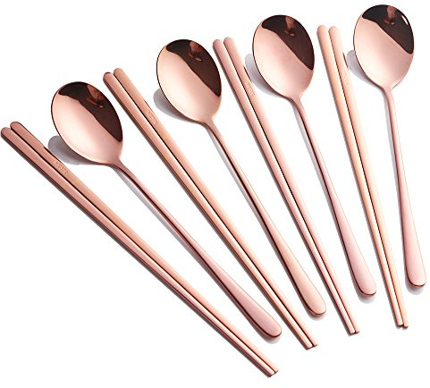 Buyer Star 8 piezas Cucharas de palillos coreanos 4 juegos Oro rosa Acero inoxidable Juego de Cucharas Palillos planos
