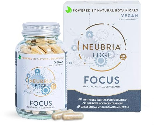 NEUBRIA Edge Focus Supplement – Multivitamin for Adults with Bacopa Monnieri, Ashwagandha, Rhodiola, Ginkgo Biloba, Sage, Blueberry & Rosemary – Potent Cognitive Formula – 60 Vegan Capsules