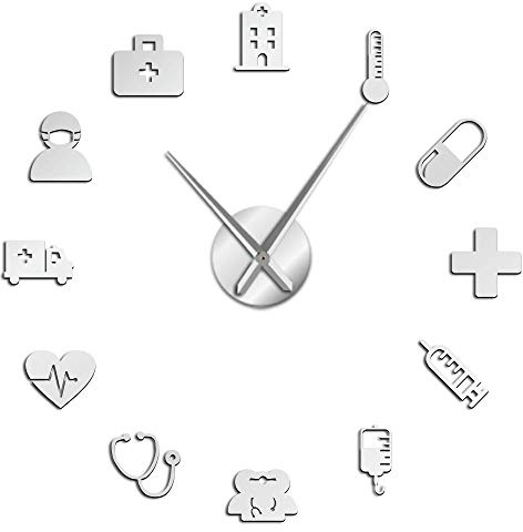 VCS Medicina Assistenza sanitaria Ambulanza Grande orologio da parete Adesivi murali specchio acrilico fai da te Arte medica da parete Clinica ospedaliera Decor Art Clock(argento 、 47 in)