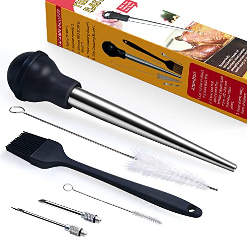 MEWMET Turkey Baster, Stainless Steel Baster for Cooking with Marinade Injectors Syringe, Basting Brush, Thick Cleaning Brush & Thin Cleaning Brush
