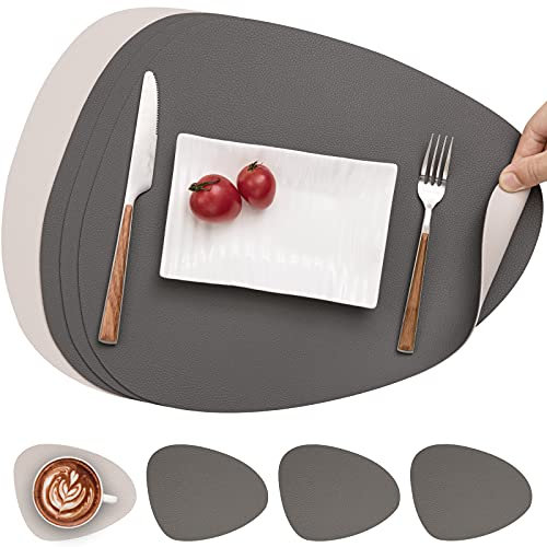 Myir JUN Tischsets Leder und Untersetzer, Tischsets Abwaschbar Rund Doppelseitigen rutschfest Platzdeckchen Leder Kunstleder Tischset Lederoptik Platzset (Grau Beige, Satz von 4)