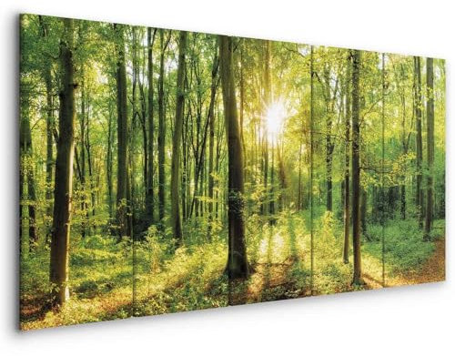 B&D XXL - Akustikbild Wald 225x90 cm 5 tlg Leinwand Bilder Akustikschaum Schallschutz Akustikpaneele Wandpaneele Schalldämmung Schallabsorber Akustikplatten Waldlandschaft Natur Baum c-B-0184-b-m