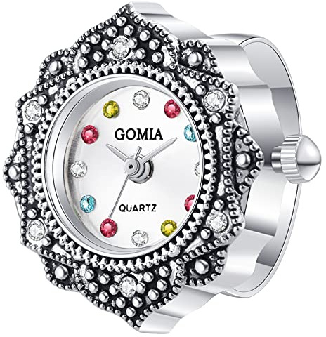 JewelryWe Orologio da dito da uomo e donna con elastico rotondo al quarzo, Anello Orologio Stile Semplice, con Zircone Lucido Fiore,Regalo per Natale
