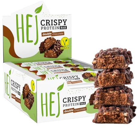 HEJ Vegan Crispy Double Chocolate | High Protein Riegel, zuckerarm nur 0,1 g Zucker | schokoladiger, knuspriger Eiweißriegel, palmölfrei, Low Sugar Snack Bar | 12 Proteinriegel x 45 g