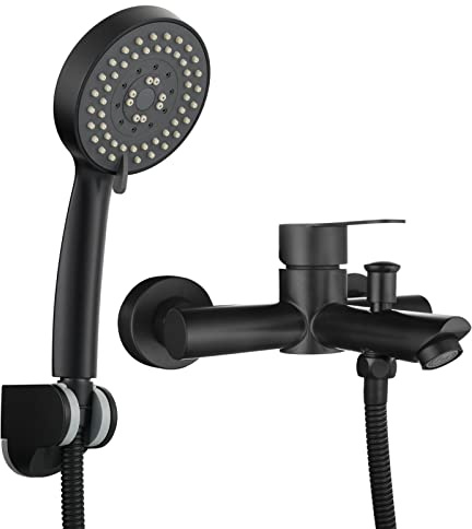 Tecmolog Badewannenarmatur Schwarz Einhebel Duscharmatur Set mit 5 Strahlarten Duschkopf, Duschkopfhalter und Brauseschlauch 1.5m, SNA516BF1
