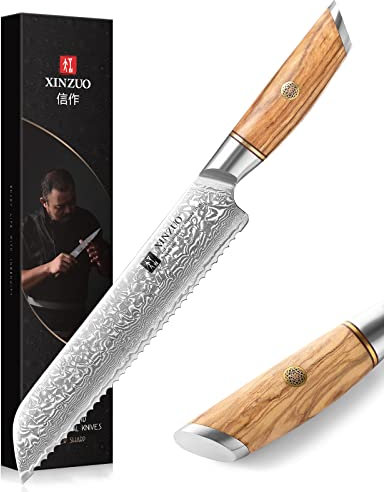 XINZUO Acciaio Damasco Coltello da Pane 21.2cm, 73 Strati Acciaio a Polvere di Damasco coltello da cucina, professionale Affilata Damasco Coltello da cuoco -con Manico in Legno d'Ulivo