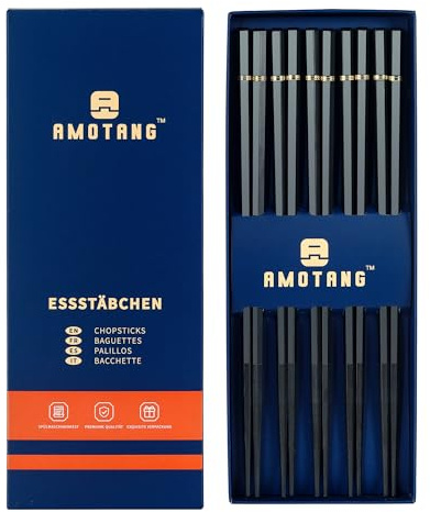 AMOTANG Wiederverwendbare Essstäbchen, Spülmaschinenfest, Rutschfeste Japannische Chopsticks in Schwarz und Gold für Sushi und Nudeln, 5 Paar Stäbchen mit Geschenkpackung