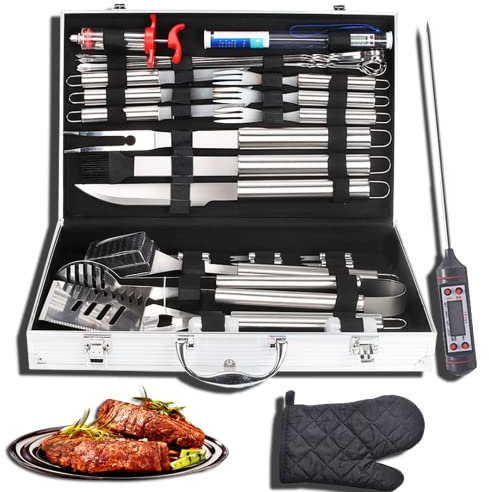 ZWEBY 32pcs Grillzubehör Kit für Männer Frauen, Edelstahl Heavy Duty BBQ Werkzeuge mit Handschuh und Thermometer, Grill Utensilien Set im tragbaren Koffer für Outdoor, Camping, Hinterhof