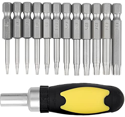 TUAKIMCE 12 Pcs Torx Head Screwdriver Bit Sets, 50mm 1/4 inch Hex Shank T5-T40 S2 Steel Magnetic Star Torx Security Screwdriver Bits Set for Electric Manual Screwdrivers + 1 Pack Handle