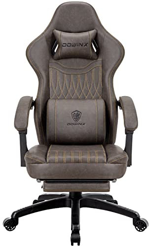 Dowinx Gaming Chair for Adults - Recliner Armchair with Massage Lumbar Support, Swivel, Ergonomic Gaming Chair with Footrest, Office Chair PU Leather Brown