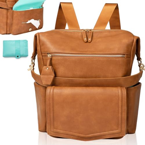 MOMINSIDE Wickeltasche, Leder, wandelbarer Rucksack, Hobo, große Mama-Babytasche, 14 Taschen, 6 Flaschen, Feuchttücher, isoliert (braun)