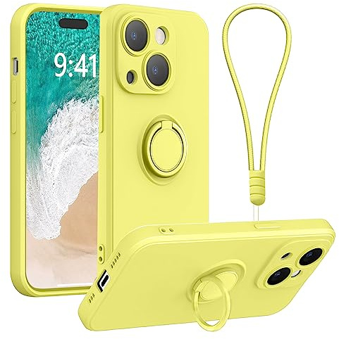 Galful iPhone 14 Case with 360°Ring Holder Kickstand for Magnetic Car Mount iPhone 14 Phone Case with Wrist Strap Flexible Silicone Stand Magnetic Shockproof Cover for iPhone 14,Yellow