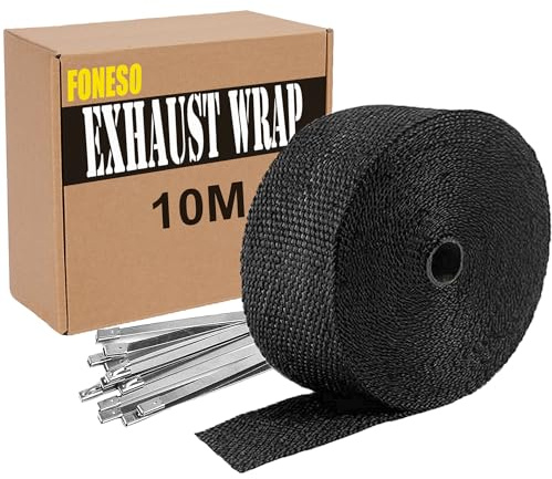 Hitzeschutzband Auspuff, Foneso 10M Hitzeschutzband, Schwarz Hitzeschutzband mit 10 Kabelbinder Edelstahl,für Motorrad Fächerkrümmer Thermoband Krümmerband